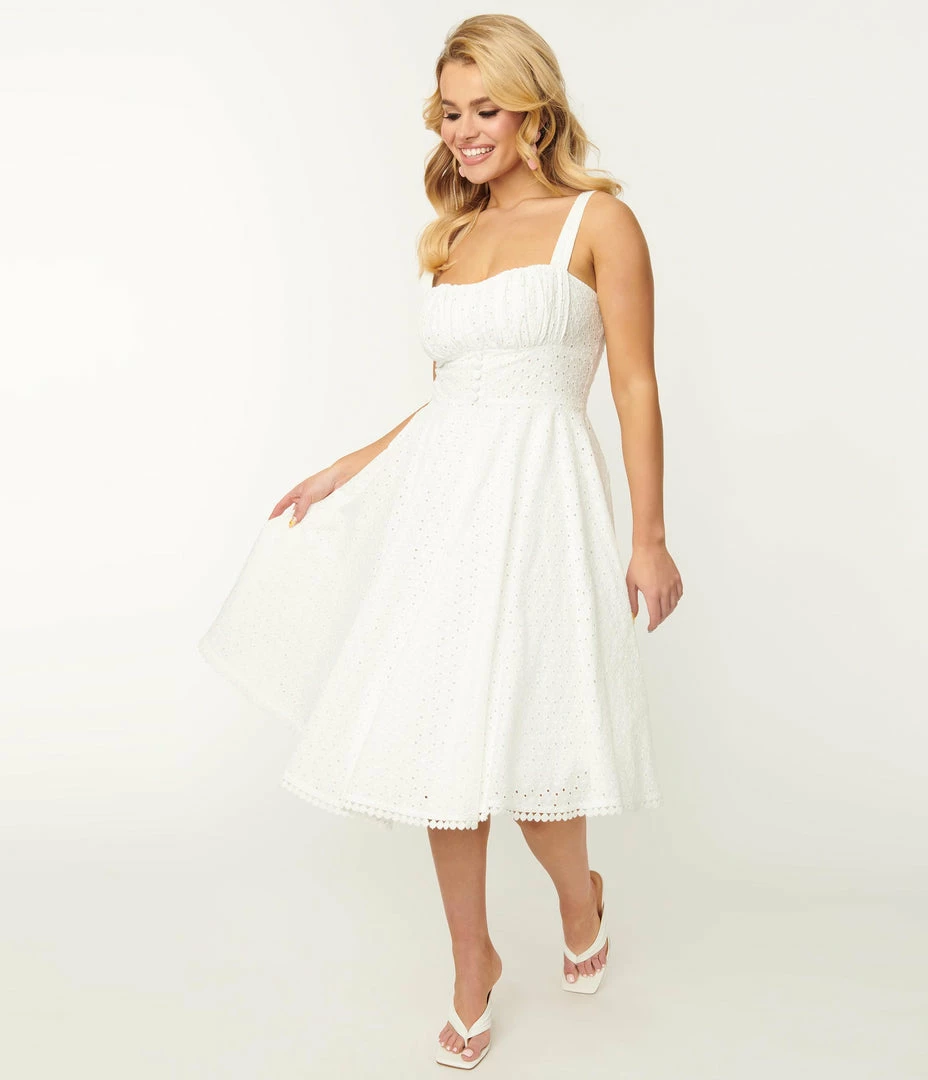 SHEEN Clothing Ltd Prairie Vintage Style White Eyelet Valerie Swing Dress