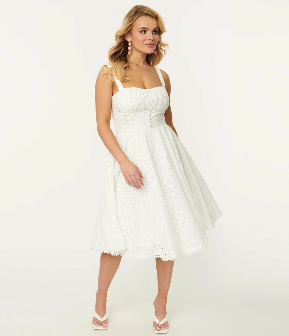 SHEEN Clothing Ltd Prairie Vintage Style White Eyelet Valerie Swing Dress