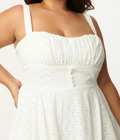 SHEEN Clothing Ltd Prairie Plus Size Vintage Style White Eyelet Valerie Swing Dress