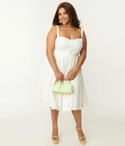 SHEEN Clothing Ltd Prairie Plus Size Vintage Style White Eyelet Valerie Swing Dress