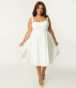 SHEEN Clothing Ltd Prairie Plus Size Vintage Style White Eyelet Valerie Swing Dress