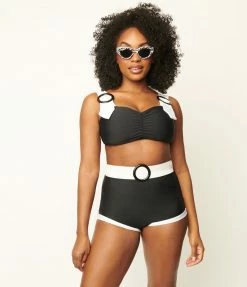 Attempt Inc. (Pinky Pinups) 1950s Retro Black & White Buckle Pin-Up Swim Top Swimwear