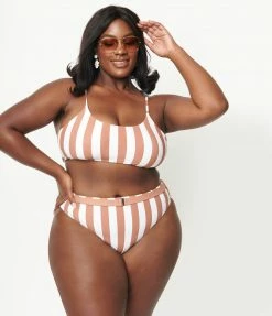 ENVYA Plus Size Brown & White Striped Two Piece Swimsuit