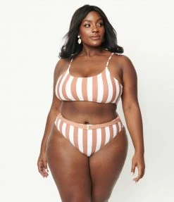 ENVYA Plus Size Brown & White Striped Two Piece Swimsuit