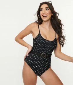 ENVYA Swimwear Black & White Polka Dots Belt Swimsuit