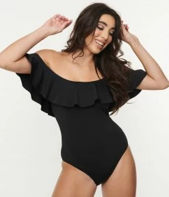 ENVYA Black Off Shoulder Ruffle Swimsuit