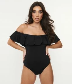 ENVYA Black Off Shoulder Ruffle Swimsuit
