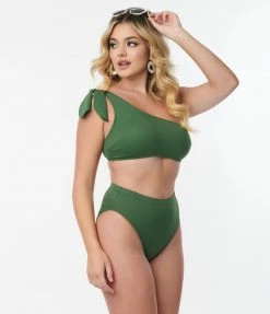 Kingdom & State Green Texture One Shoulder Swim Top Swimwear