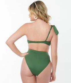 Kingdom & State Green Texture One Shoulder Swim Top Swimwear