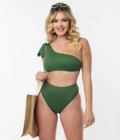 Kingdom & State Green Texture One Shoulder Swim Top Swimwear