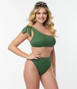 Kingdom & State Green Texture One Shoulder Swim Top Swimwear