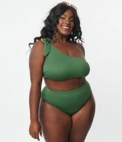 Kingdom & State Plus Size Green Texture One Shoulder Swim Top Swimwear