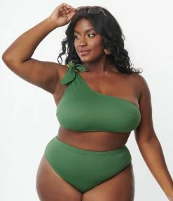 Kingdom & State Plus Size Green Texture One Shoulder Swim Top Swimwear