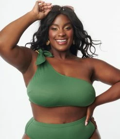 Kingdom & State Plus Size Green Texture One Shoulder Swim Top Swimwear