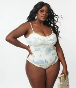 Kingdom & State Plus Size Ivory & Blue Farm Print One Piece Swimsuit Swimwear