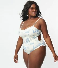Kingdom & State Plus Size Ivory & Blue Farm Print One Piece Swimsuit Swimwear