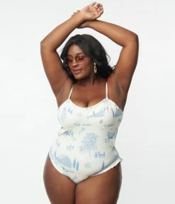 Kingdom & State Plus Size Ivory & Blue Farm Print One Piece Swimsuit Swimwear