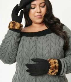 Joia Accessories Black Suede & Leopard Print Fur Trim Gloves