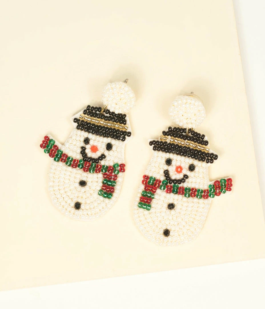 Joia Accessories White Beaded Snowman Earrings