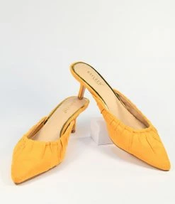 DDK FOOTWEAR, INC Mustard Suede Gathered Mule Heels Shoes