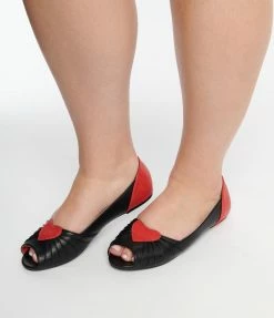 Ellie Shoes Bettie Page Black & Red Heart Peep Toe Flats