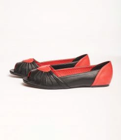 Ellie Shoes Bettie Page Black & Red Heart Peep Toe Flats