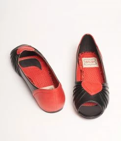 Ellie Shoes Bettie Page Black & Red Heart Peep Toe Flats