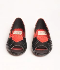 Ellie Shoes Bettie Page Black & Red Heart Peep Toe Flats