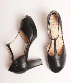 Ellie Shoes 1950s Bettie Page Black Leatherette Frannie Peep Toe Heels