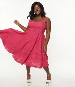 SHEEN Clothing Ltd Plus Size Vintage Style Cerise Eyelet Valerie Swing Dress