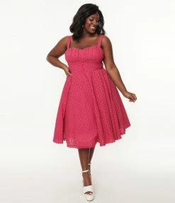 SHEEN Clothing Ltd Plus Size Vintage Style Cerise Eyelet Valerie Swing Dress