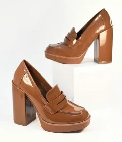 JP Original Corp. Brown Patent Leatherette Heel Loafers Shoes