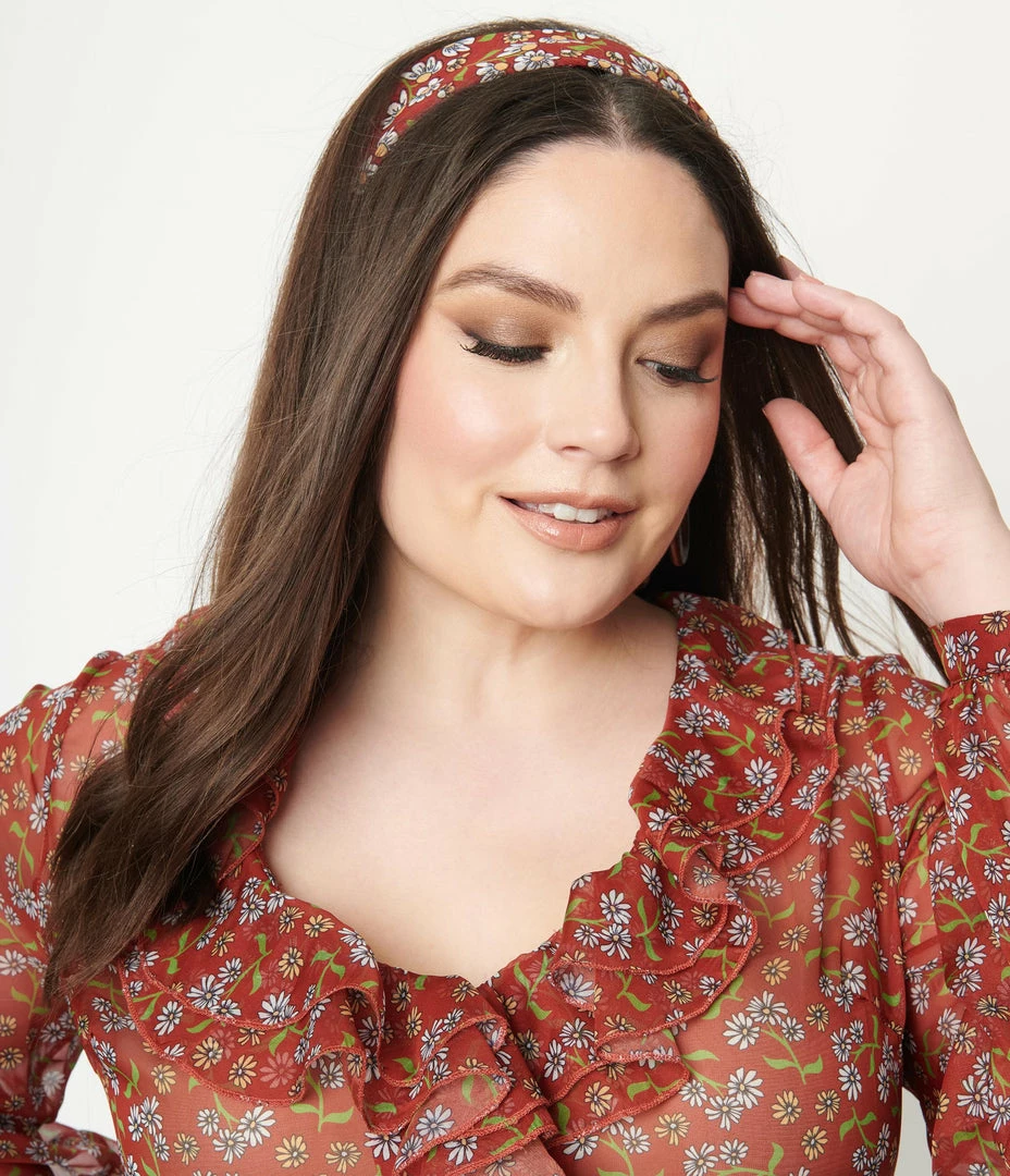 Unique Vintage Rust & Daisy Print Hair Scarf Accessories