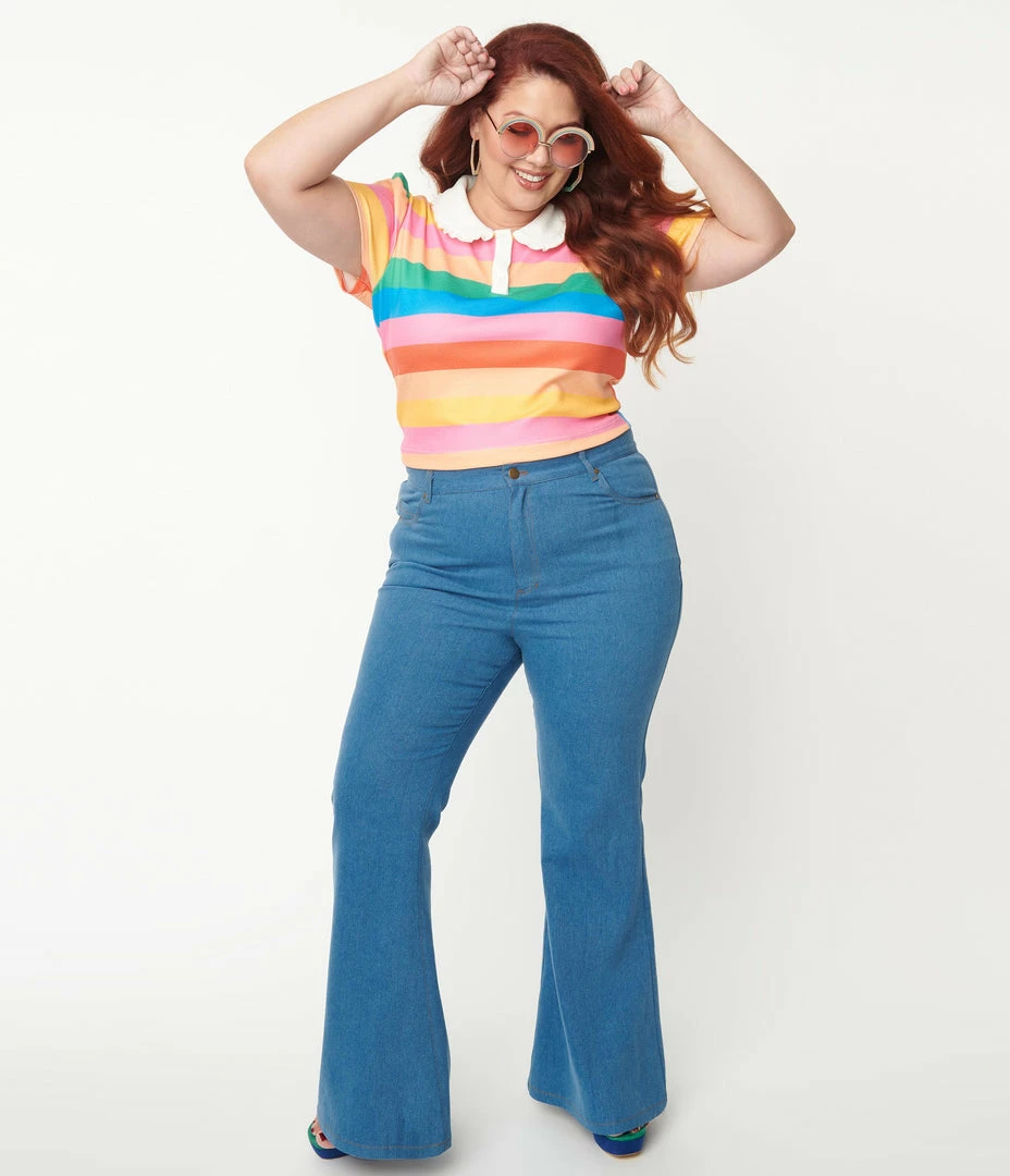1970s Unique Vintage Plus Size Blue Denim Rainbow Embroidered Jeans