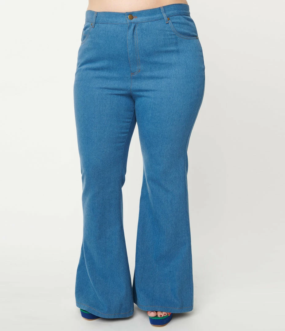 1970s Unique Vintage Plus Size Blue Denim Rainbow Embroidered Jeans