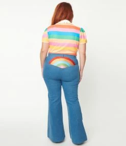 1970s Unique Vintage Plus Size Blue Denim Rainbow Embroidered Jeans