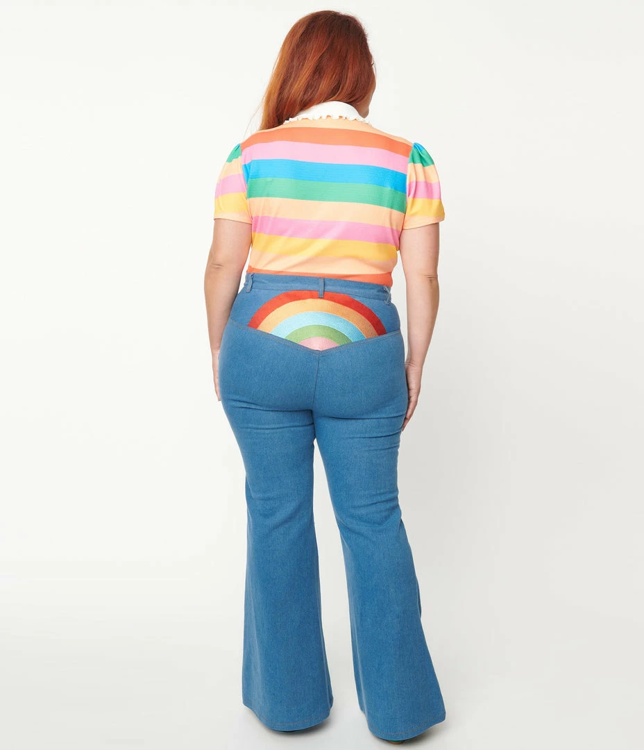 1970s Unique Vintage Plus Size Blue Denim Rainbow Embroidered Jeans