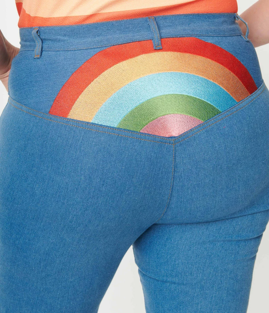 1970s Unique Vintage Plus Size Blue Denim Rainbow Embroidered Jeans