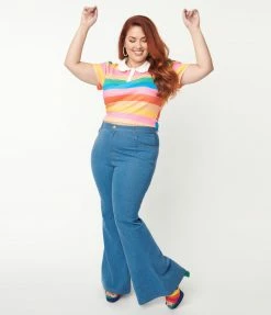 1970s Unique Vintage Plus Size Blue Denim Rainbow Embroidered Jeans