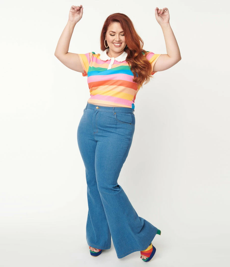 1970s Unique Vintage Plus Size Blue Denim Rainbow Embroidered Jeans
