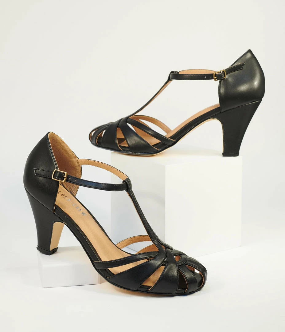 Demfon International (Chelsea Crew) 1950s Chelsea Crew Black Woven Sergi T-Strap Pump