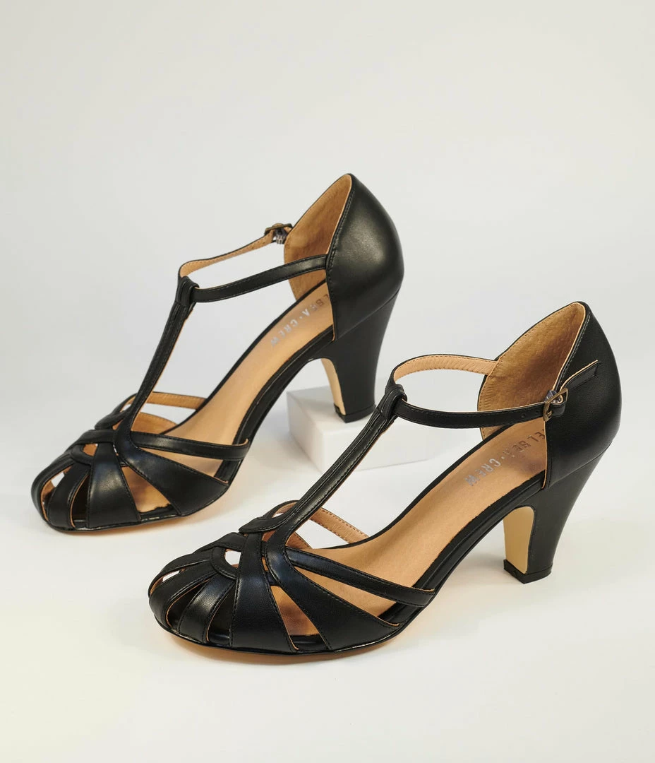 Demfon International (Chelsea Crew) 1950s Chelsea Crew Black Woven Sergi T-Strap Pump