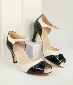 Demfon International (Chelsea Crew) Chelsea Crew Black & Bone White Peep Toe Godiva Heels 1930s & 1940s