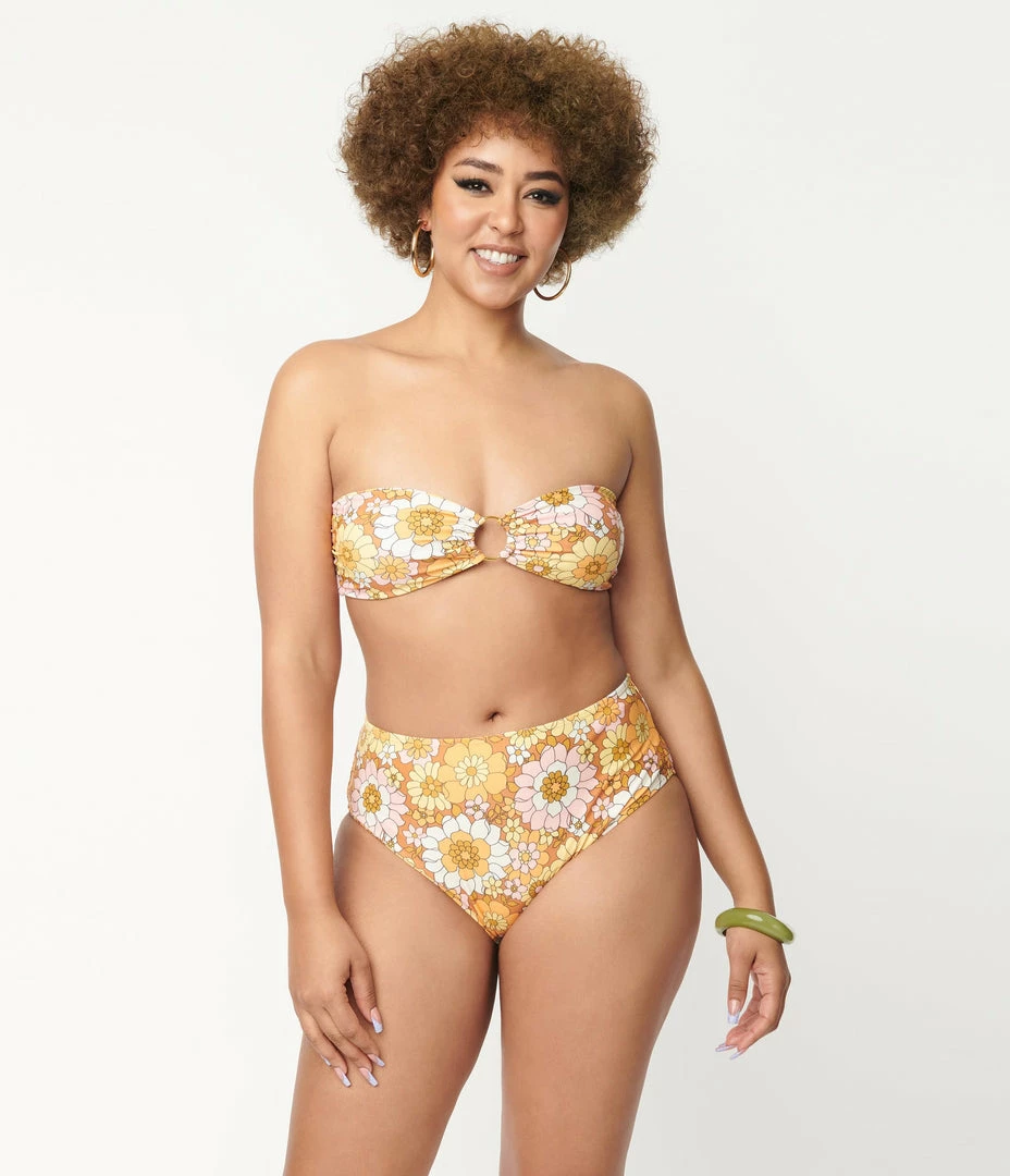 Magnolia Place Mustard Floral Print Two Piece Swimsuit