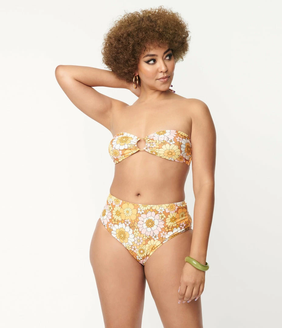Magnolia Place Mustard Floral Print Two Piece Swimsuit