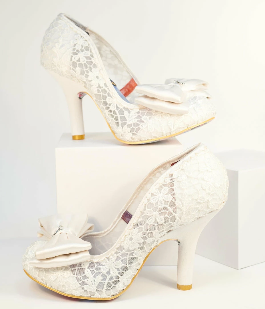 Design Asylum Manufacturing (HK) Limited (Irregular Choice Shoes) Irregular Choice Ivory Bow Lace Bridal Heels 1930s & 1940s