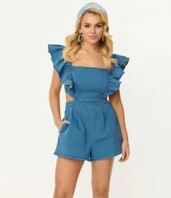 Flying Tomato Blue Denim Ruffle Apron Romper