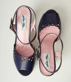 Collectif Shoes Lulu Hun Navy Blue Leatherette Lattice Melita Heels