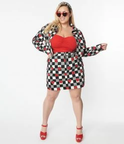 Pop Soda Hell Bunny Plus Size Black & White Check & Strawberry Denim Mini Skirt