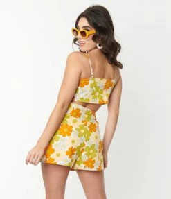 Glamorous Tops Green & Yellow Retro Daisy Tie Crop Top